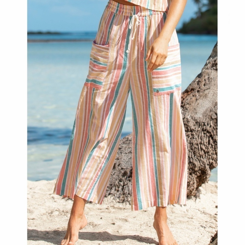 NWT Roxy Drifting Shorelines Striped Wide Leg Crop Trouser Linen Pants